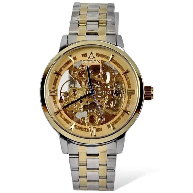 Skeleton Fitron Automatic Watch Two tone Chain With golden Dial